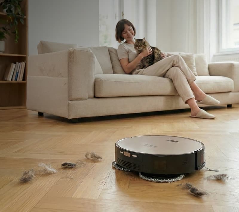 Il robot aspirapolvere RobZone Duoro e una gatta bianca su un tappeto pieno di peli